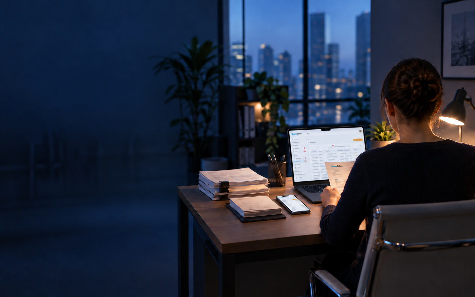 Business operator using easySales on a laptop beside a phone and letterhead documents