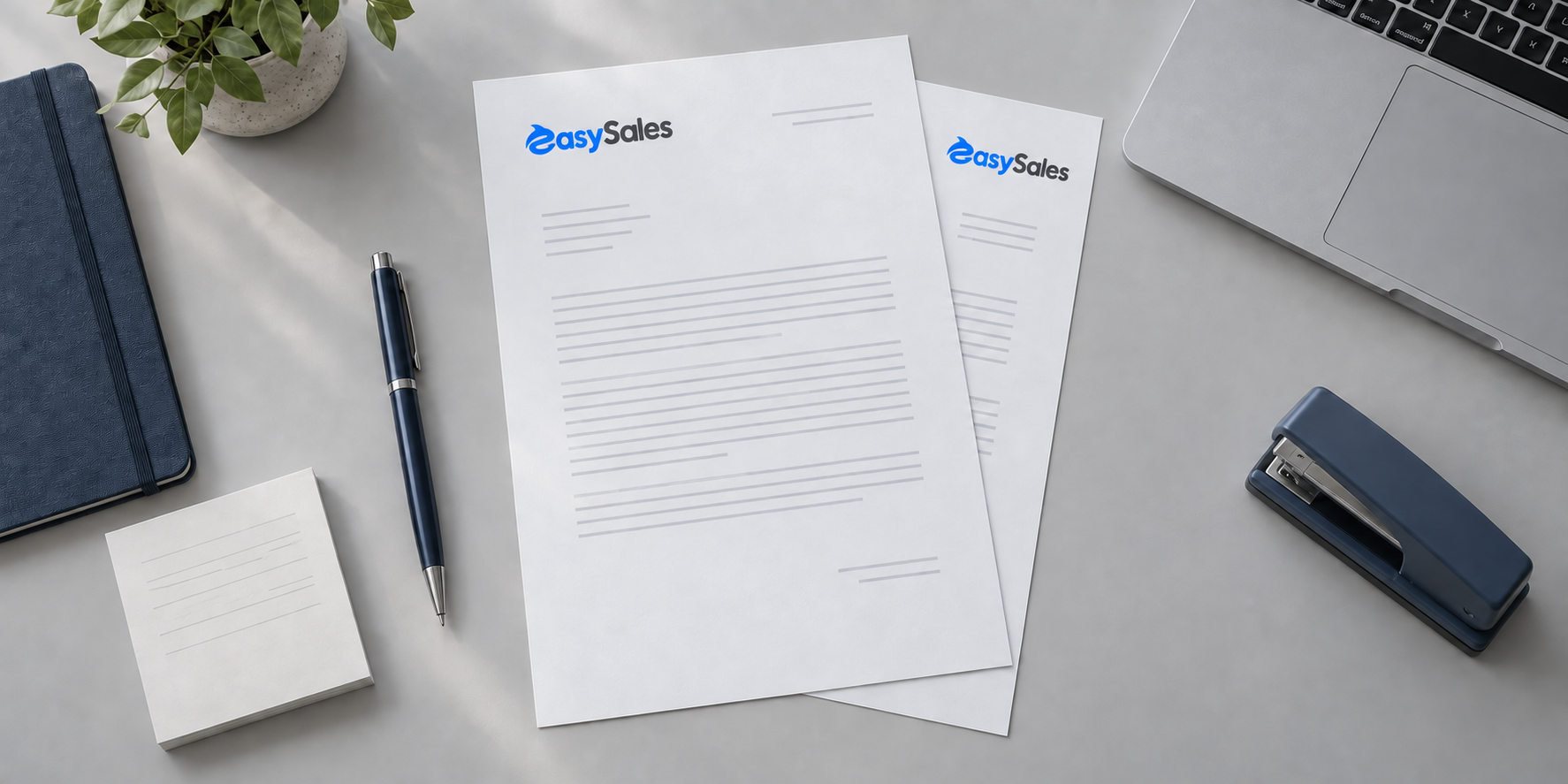 easySales branded letterhead and stationery on a desk