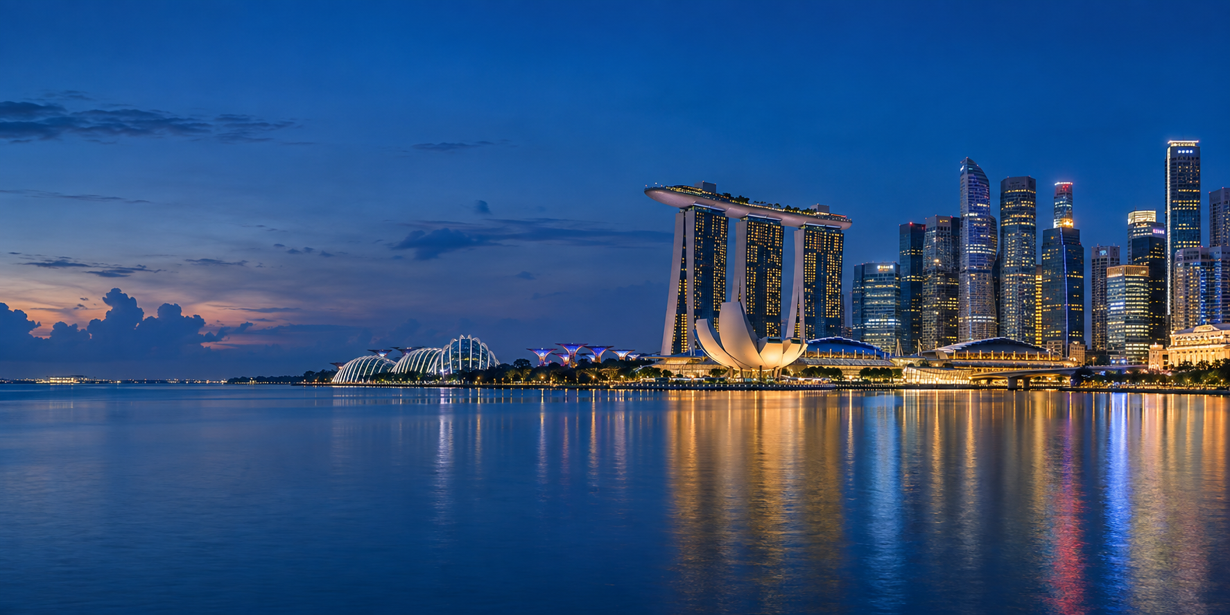 AI-generated illustration of Singapore’s Marina Bay skyline at dusk
