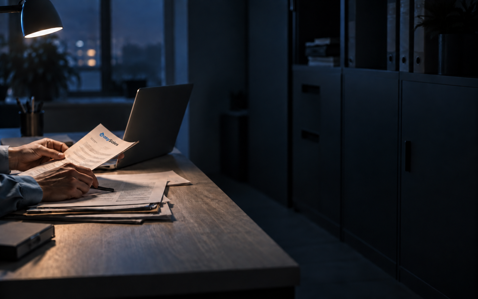 Hands organising easySales letterhead documents at a desk