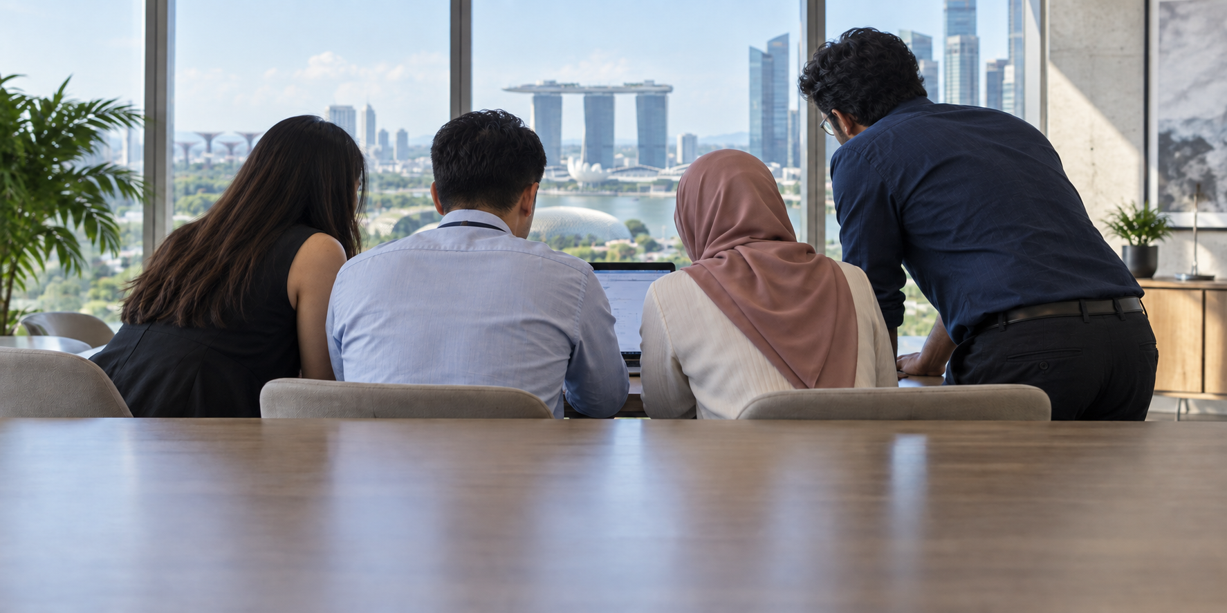 A diverse Singapore team collaborating in an office overlooking Marina Bay